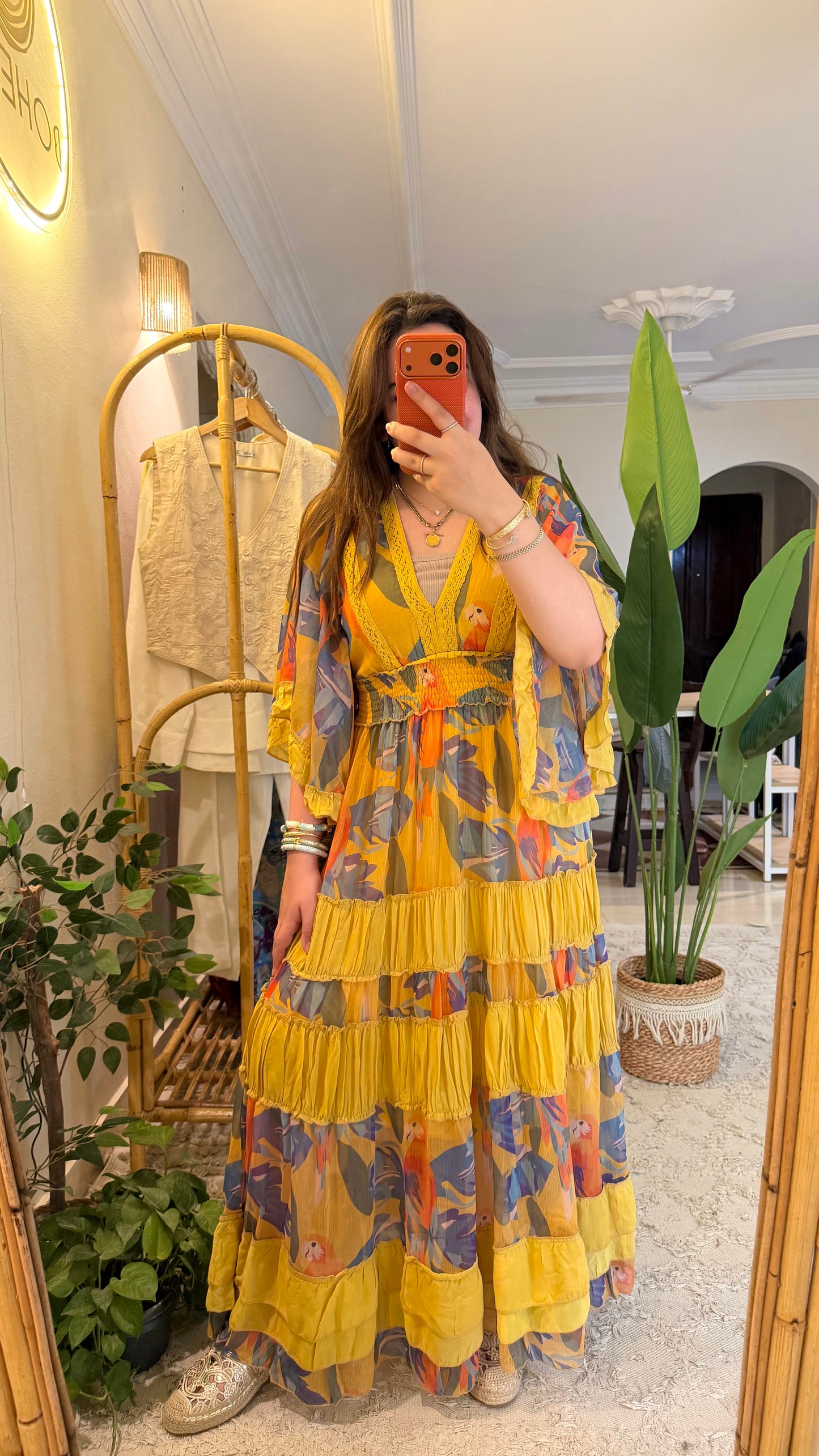 Orange Parrot Chiffon Ruffle Dress With Elastic Waist
