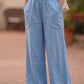 Italian Blue Linen Wide Leg Pants With Elastic Waist
