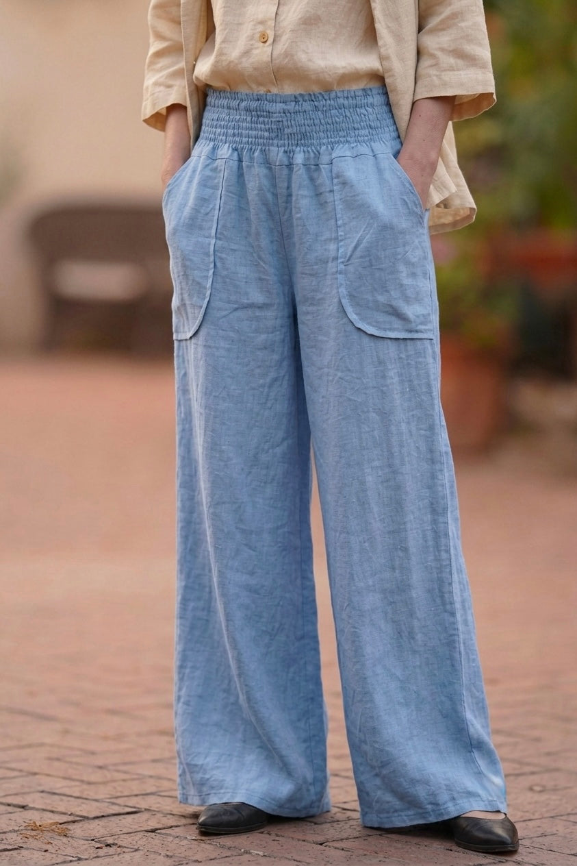 Italian Blue Linen Wide Leg Pants With Elastic Waist