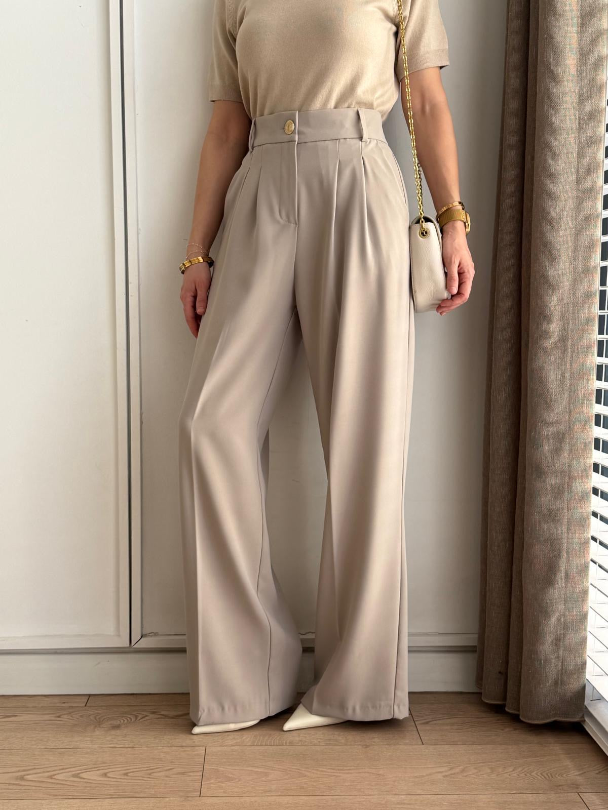 Beige Classic Pants With Golden Button
