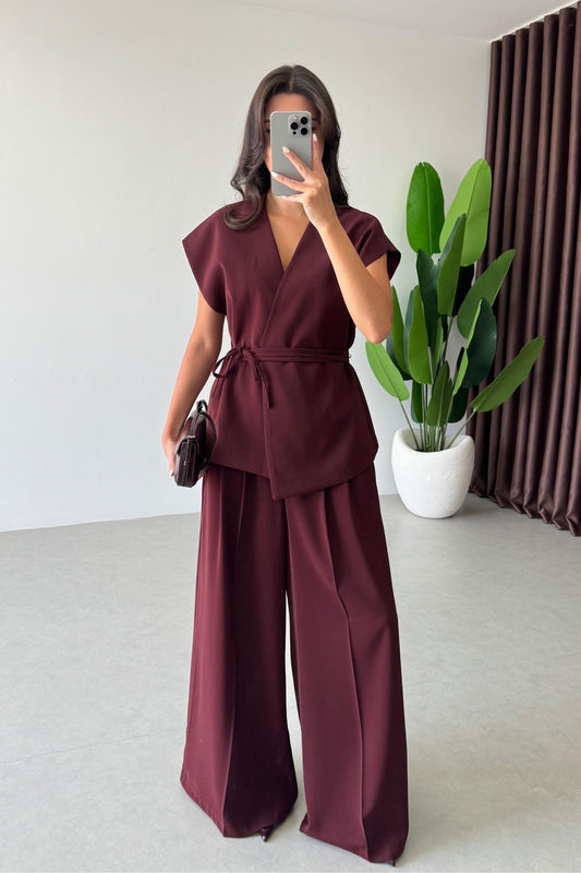 Burgundy Belted Vest & Wide Leg Pants Set