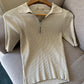 Beige Quarter-Zip Neck Ribbed Top