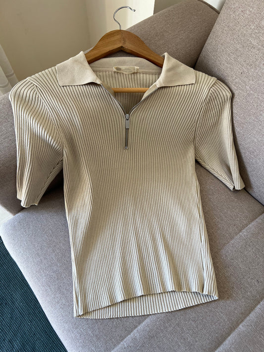 Beige Quarter-Zip Neck Ribbed Top