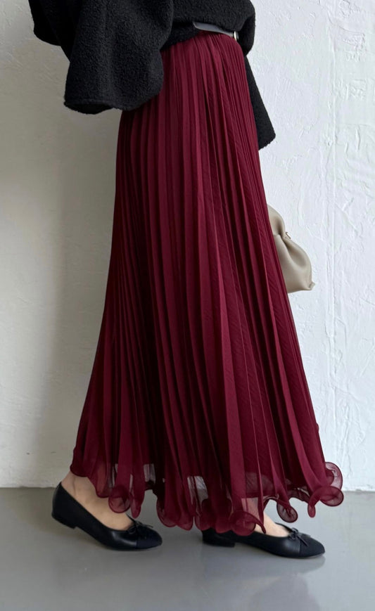 Burgundy Chiffon Pleated Flowy Skirt