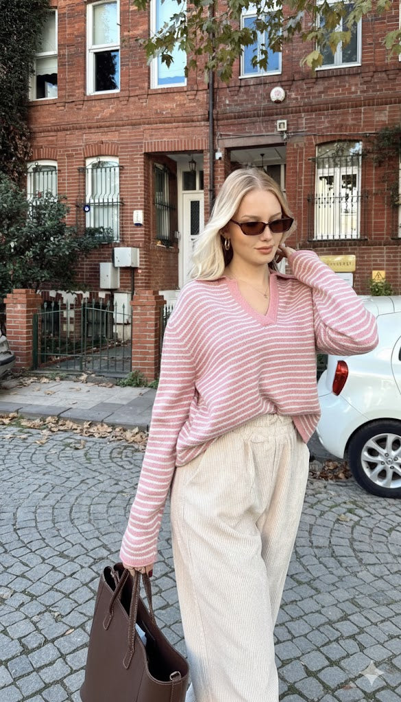 Baby Pink Striped Pullover With Polo Collar