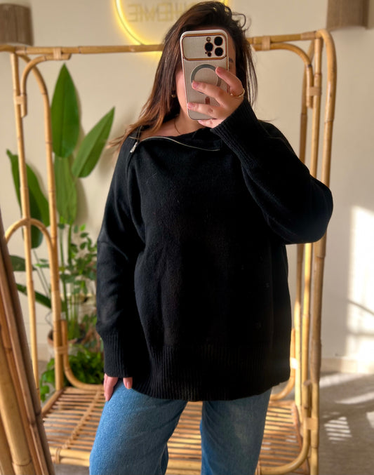 Black Quarter Zip Up Collar Pullover