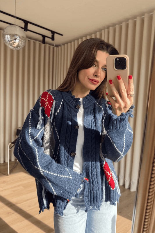 The Vintage Blue & Red Fringed Cardigan