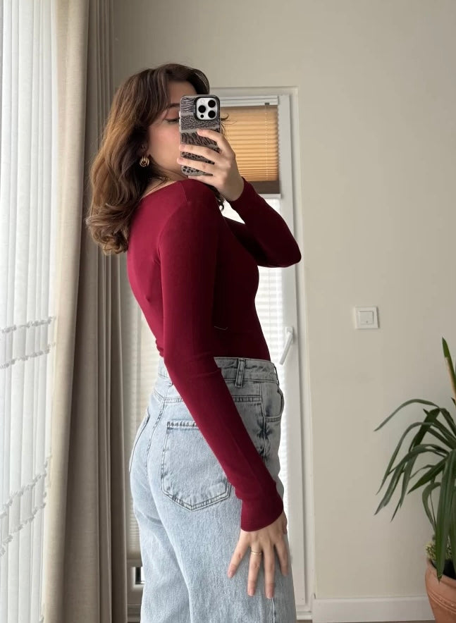 Maroon Basic Cotton Boat Neck Top