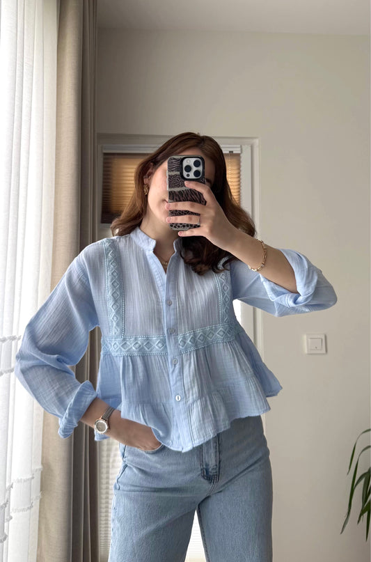 Blue Dantel Cotton Blouse