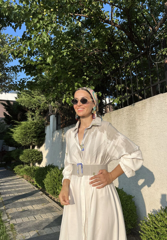 White X Blue Floral Belted Shirt Dress