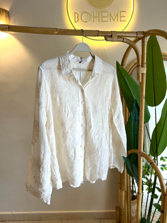 Beige Floral Embroidered Lace Shirt