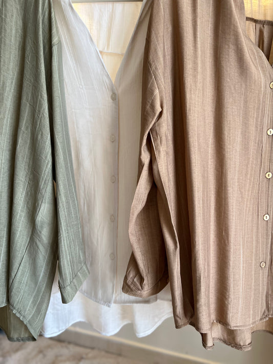 Olive Striped Oversized V Neck Shirt