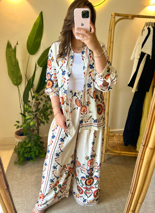 Floral White Red Oversized Shirt Set