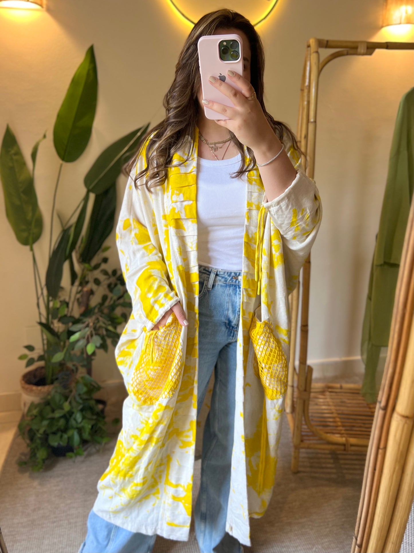 Linen Yellow X Beige Kimono With Pockets & Fishnet Details
