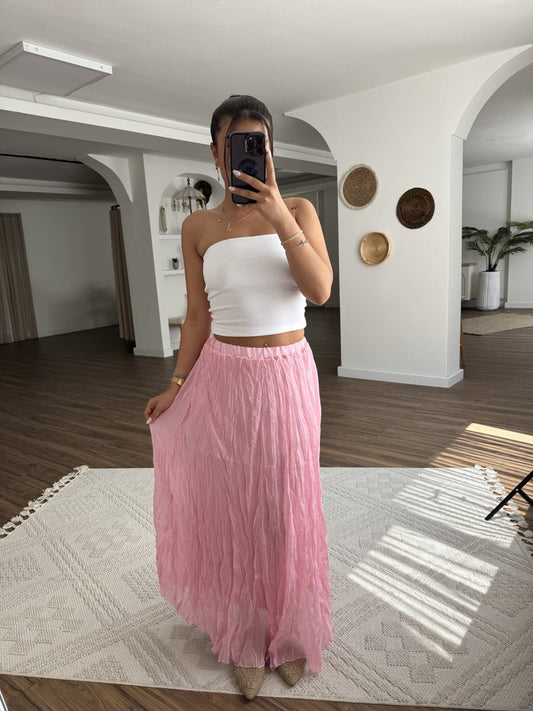 Pink Crinkled Cotton Inlined Skirt