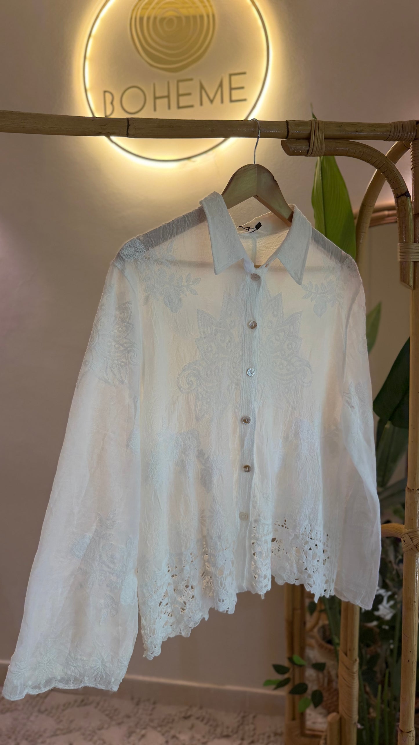 White Embroidered Floral Shirt With Lace