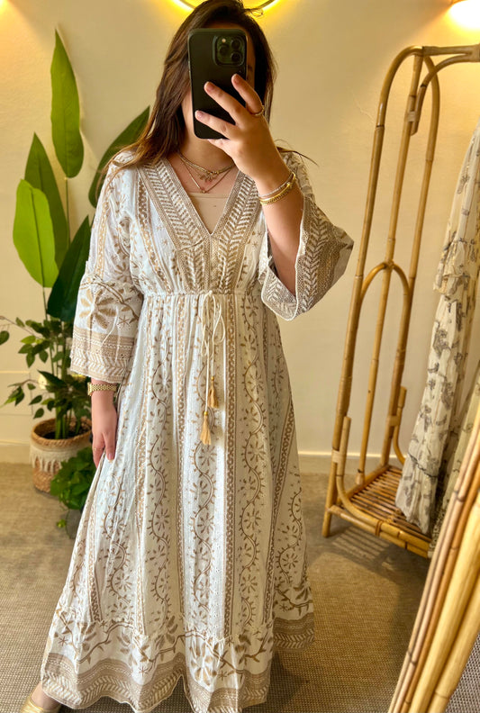 White Golden Embroidered Cut Out Dress