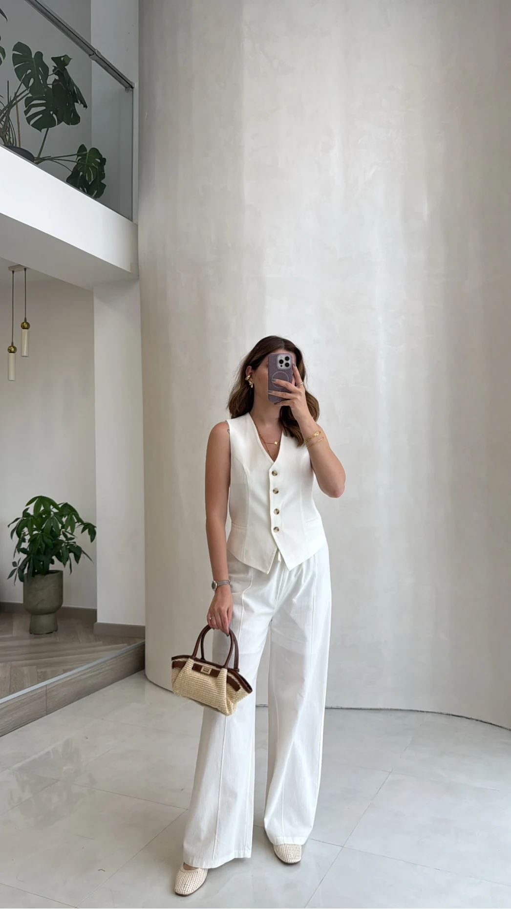 Off White Striped Vest & Wide Leg Pants Set