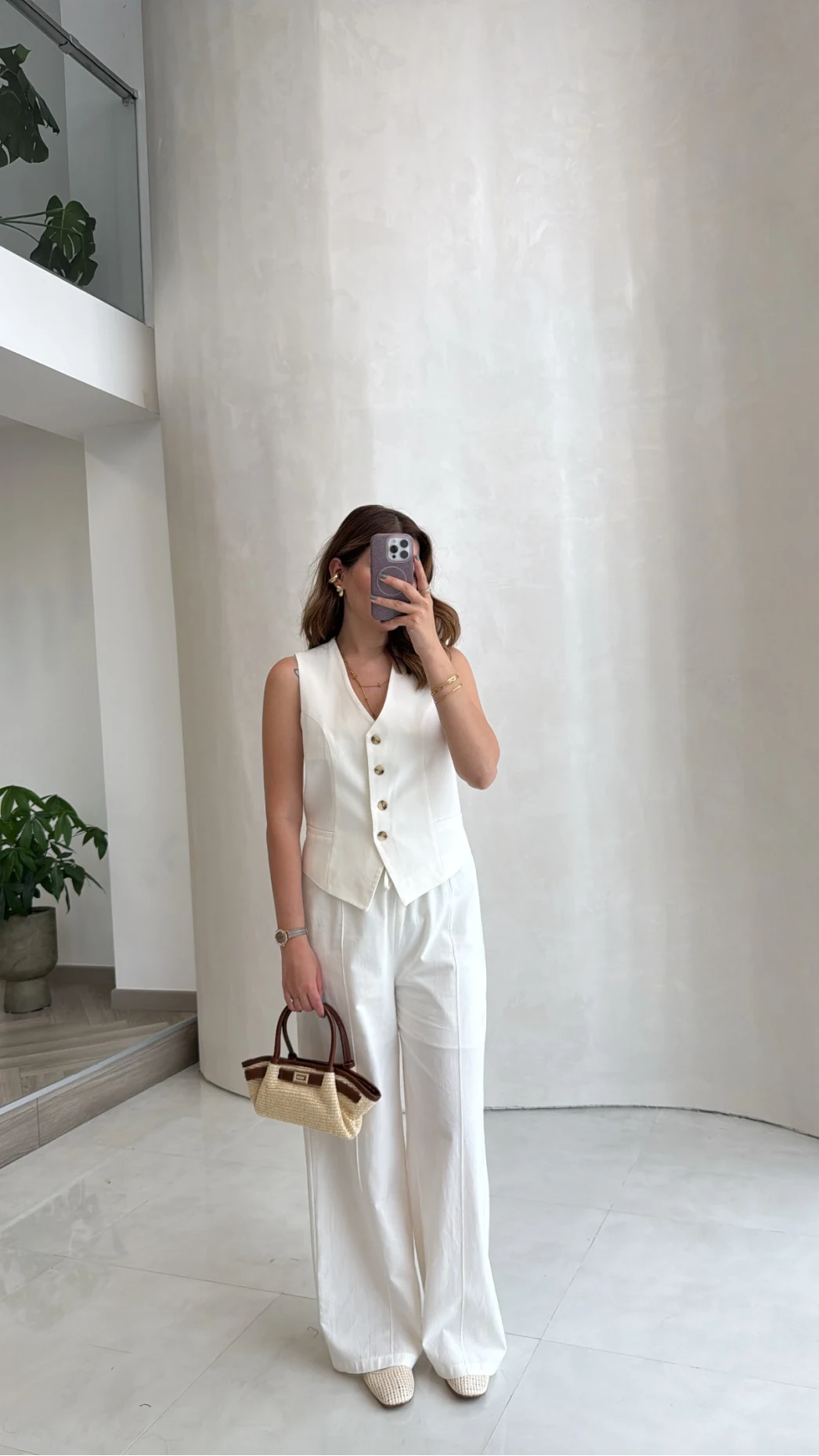 Off White Striped Vest & Wide Leg Pants Set