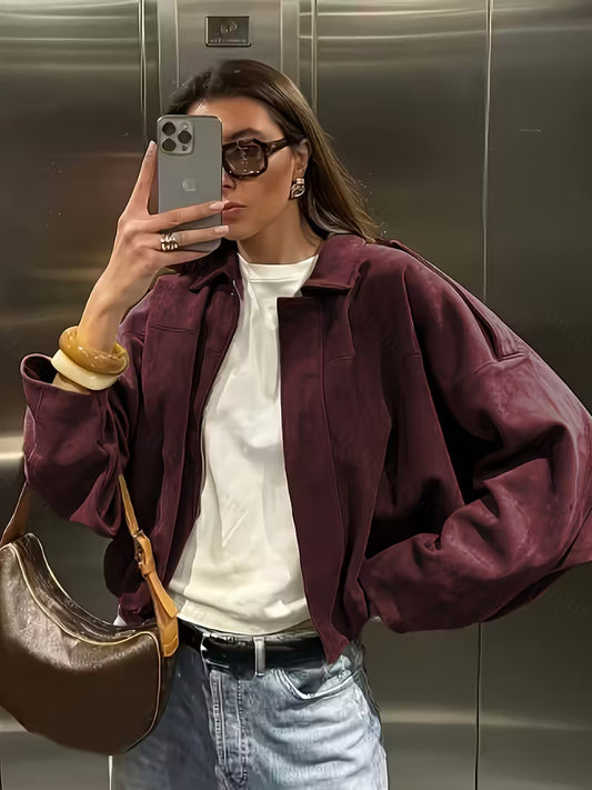 Burgundy Suede Jacket With Golden Zipper