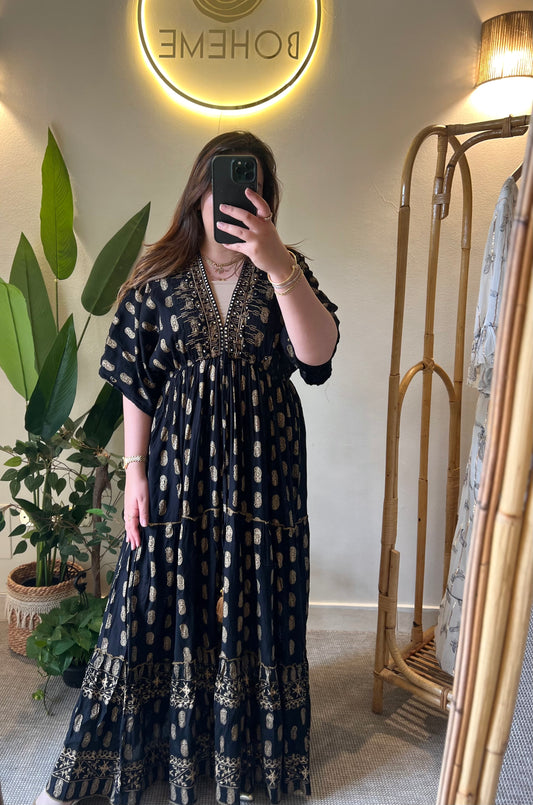 Paisley Black Golden Tasseled Dress