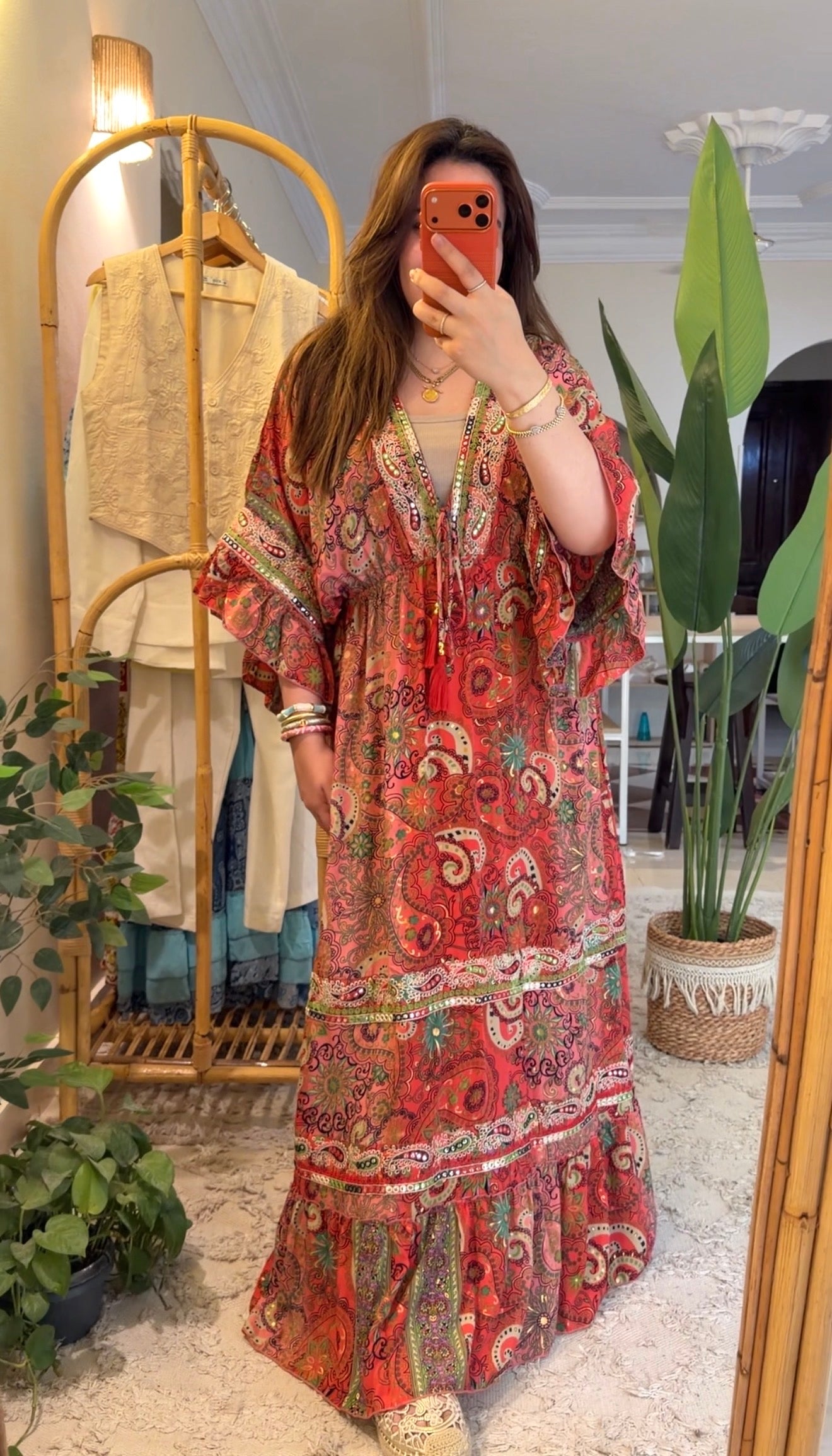 The Italian Orange Paisly Dress With Embroidery & Tassels