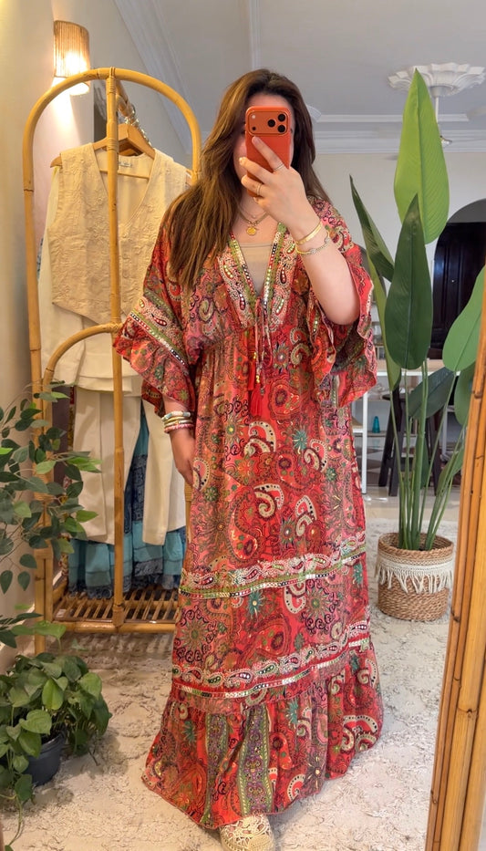 The Italian Orange Paisly Dress With Embroidery & Tassels
