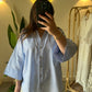 Blue Striped Linen Shirt With Bell Sleeves