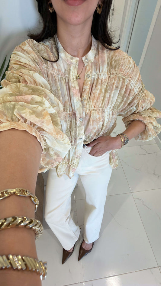 Beige Smocked Chiffon Vintage Blouse