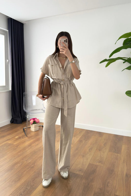 Beige Linen Belted Set With Pockets