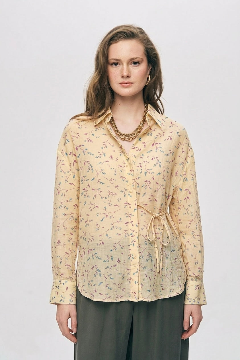 Buttur Yellow Chiffon Floral Shirt With Ties