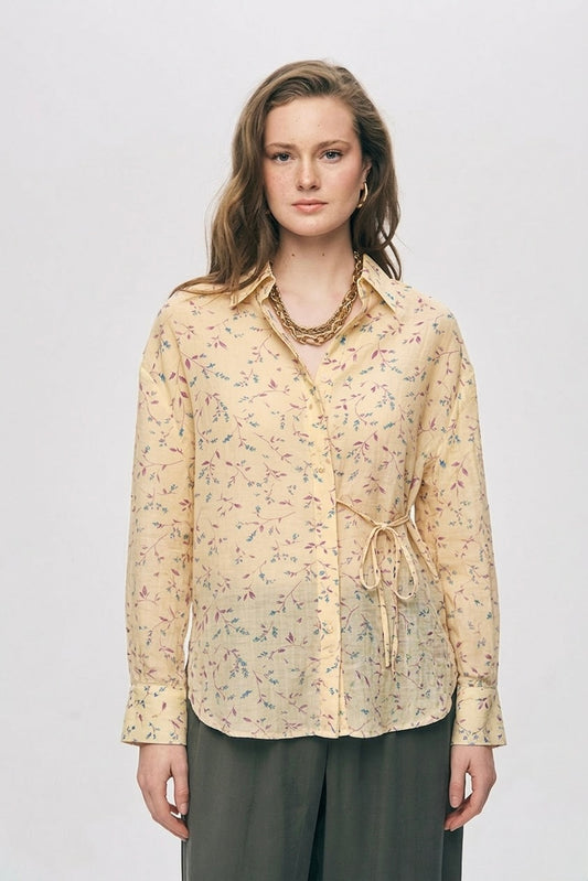 Buttur Yellow Chiffon Floral Shirt With Ties