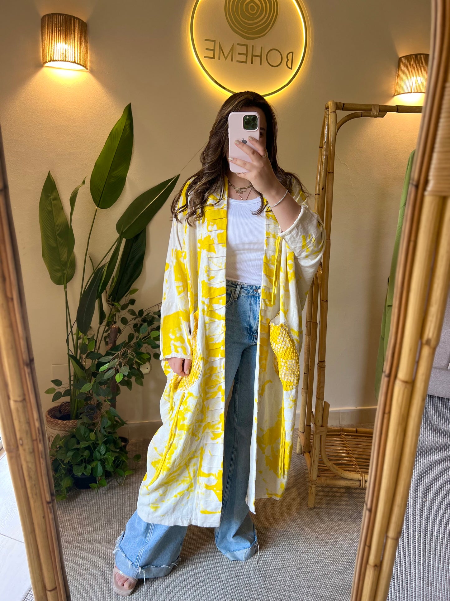 Linen Yellow X Beige Kimono With Pockets & Fishnet Details