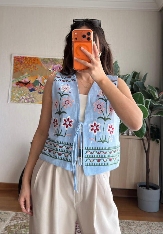 Baby Blue Floral Embroidered Vest