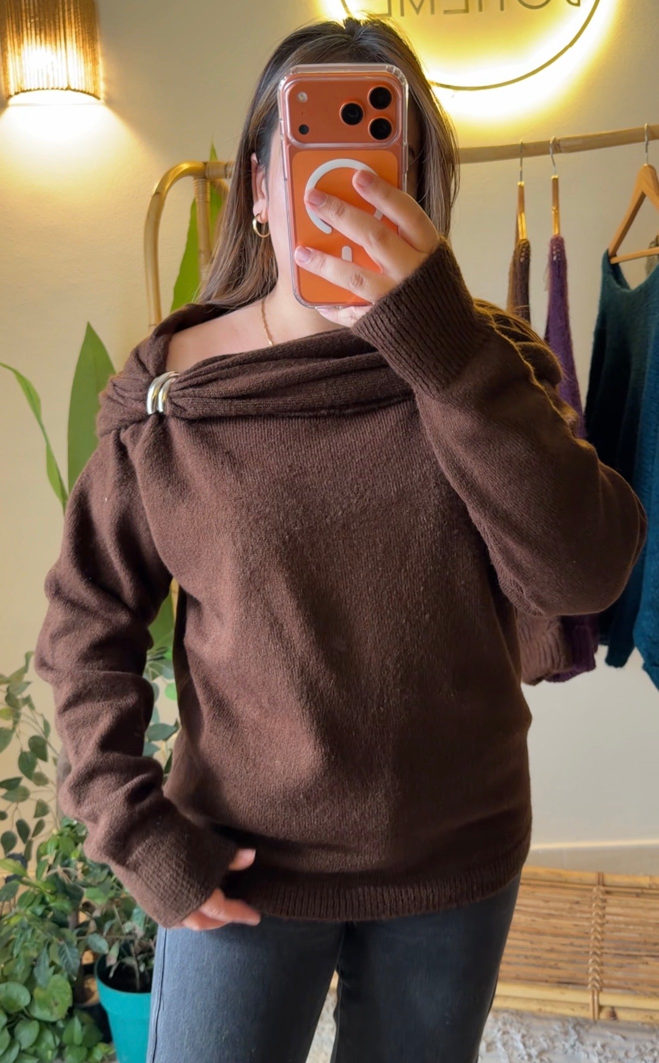 Brown Draped Shoulder Pullover With Silver Appliqué