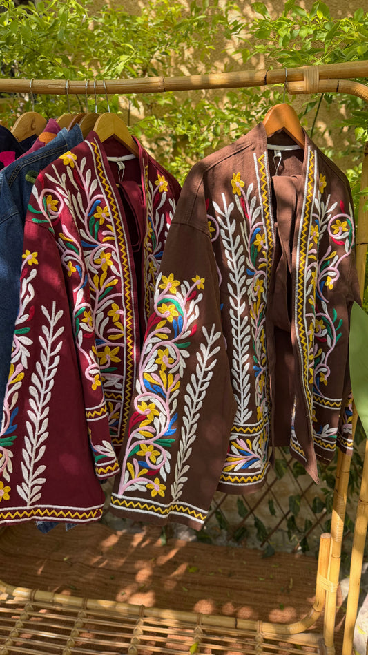 Brown Embroidered Gabardine Belted Jacket