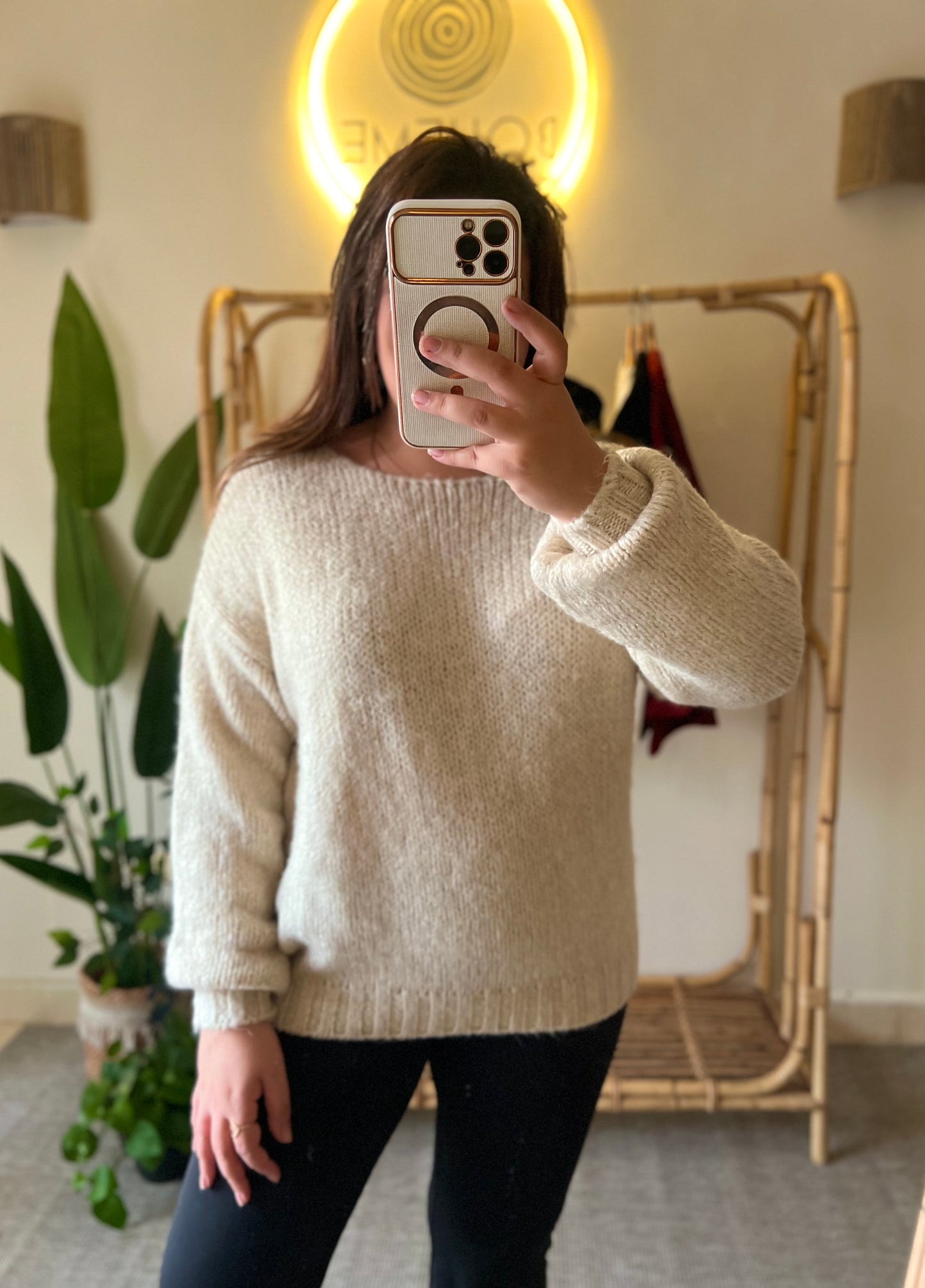 Beige Mohair Pullover With Golden Threads