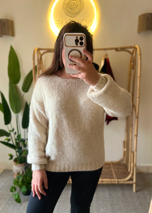 Beige Mohair Pullover With Golden Threads