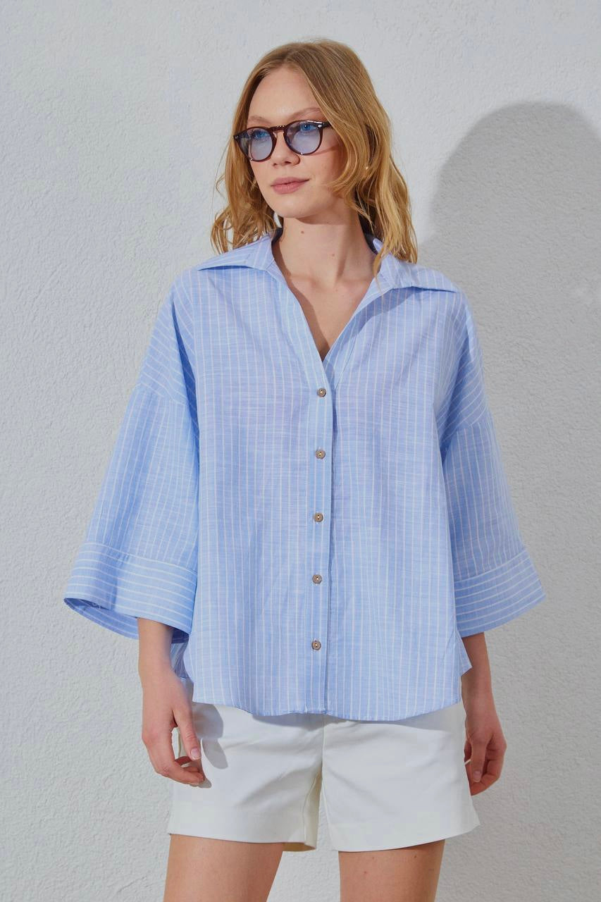 Blue Striped Linen Shirt With Bell Sleeves