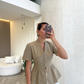 Olive Linen Half Sleeves Blouse