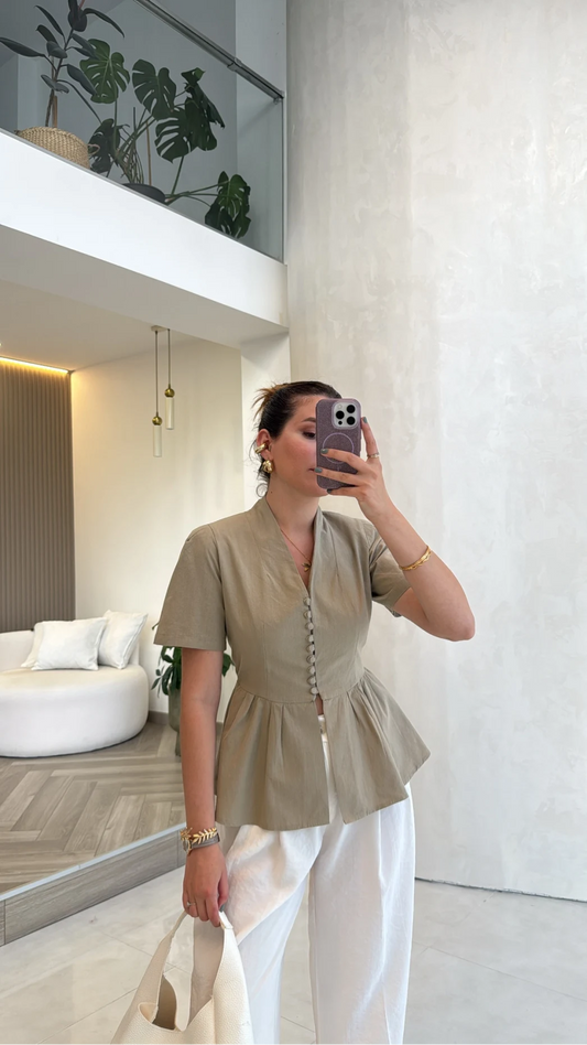 Olive Linen Half Sleeves Blouse