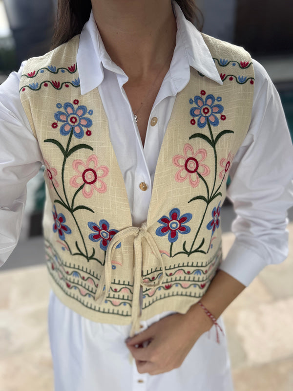 Beige Floral Embroidered Vest
