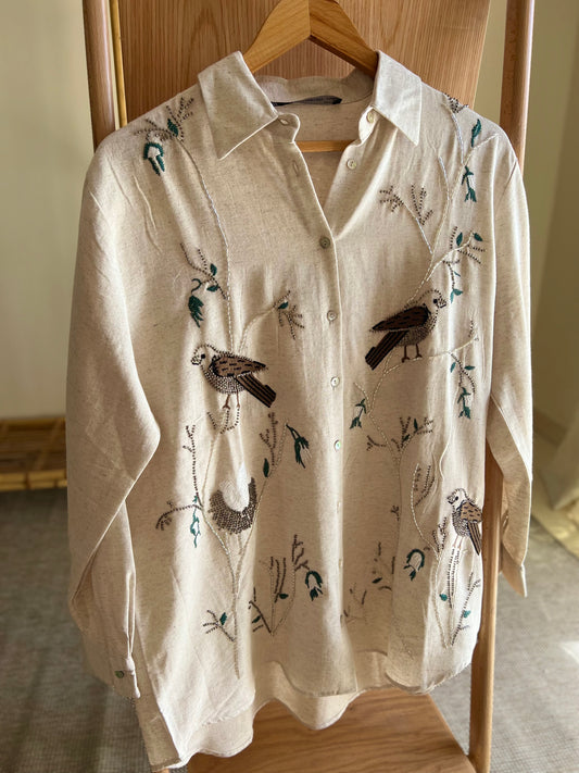 The Birds Embroidered Linen Shirt