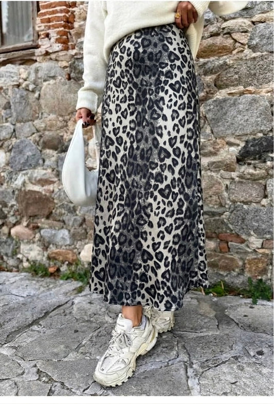 Leopard A Line Satin Skirt