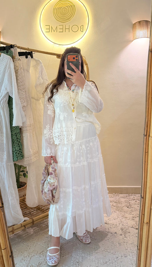 White Cotton Floral Skirt With Elastic Waist