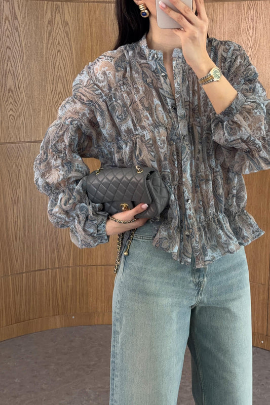 Grey Smocked Chiffon Vintage Blouse