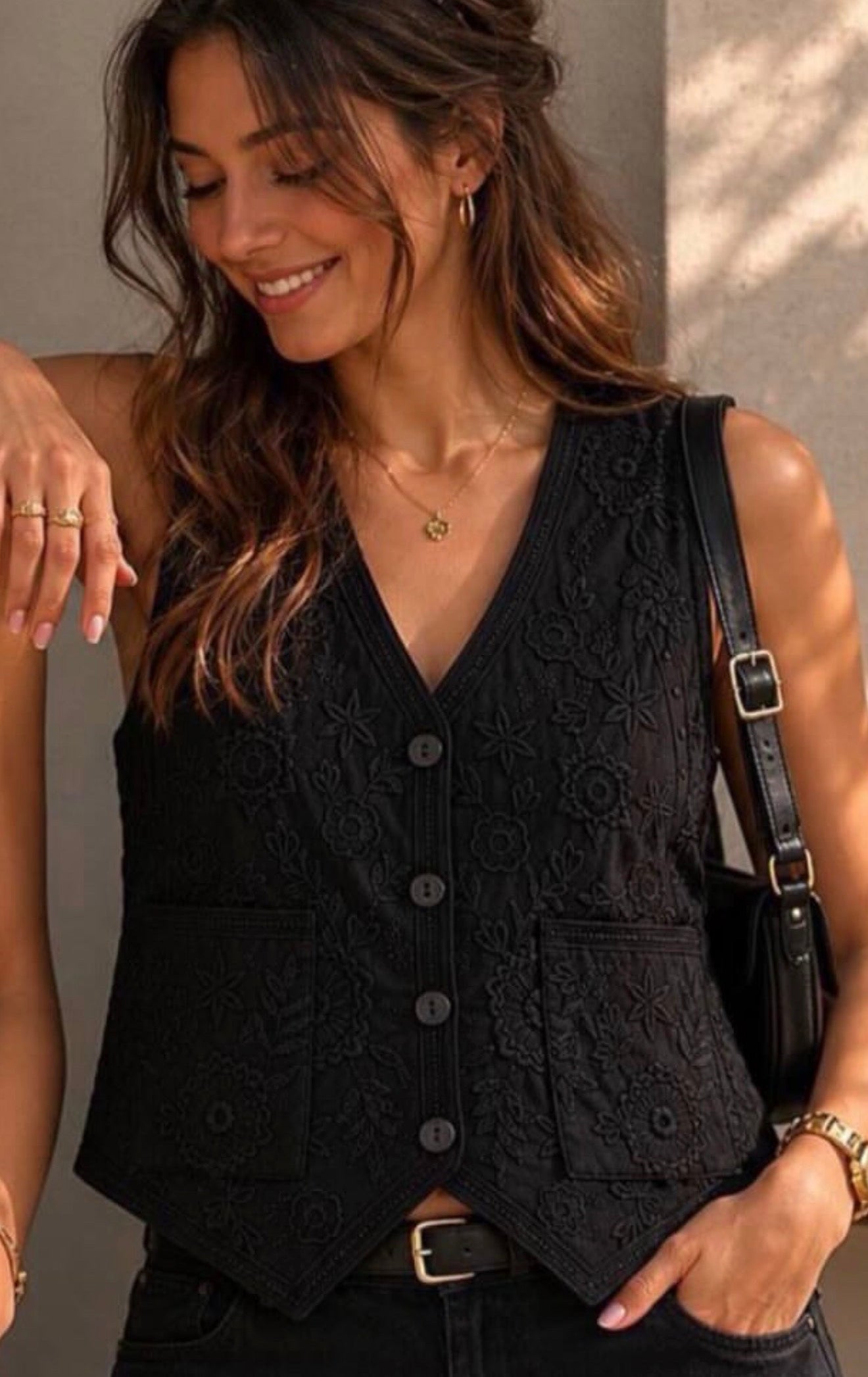 Linen Black Floral Embroidered Vintage Vest