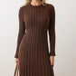 Brown Triko Ribbed Dress With Waist Tie