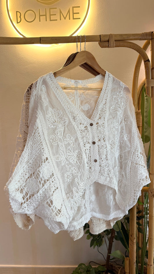 Italian White Beaded Sequins Crochet Top With Button