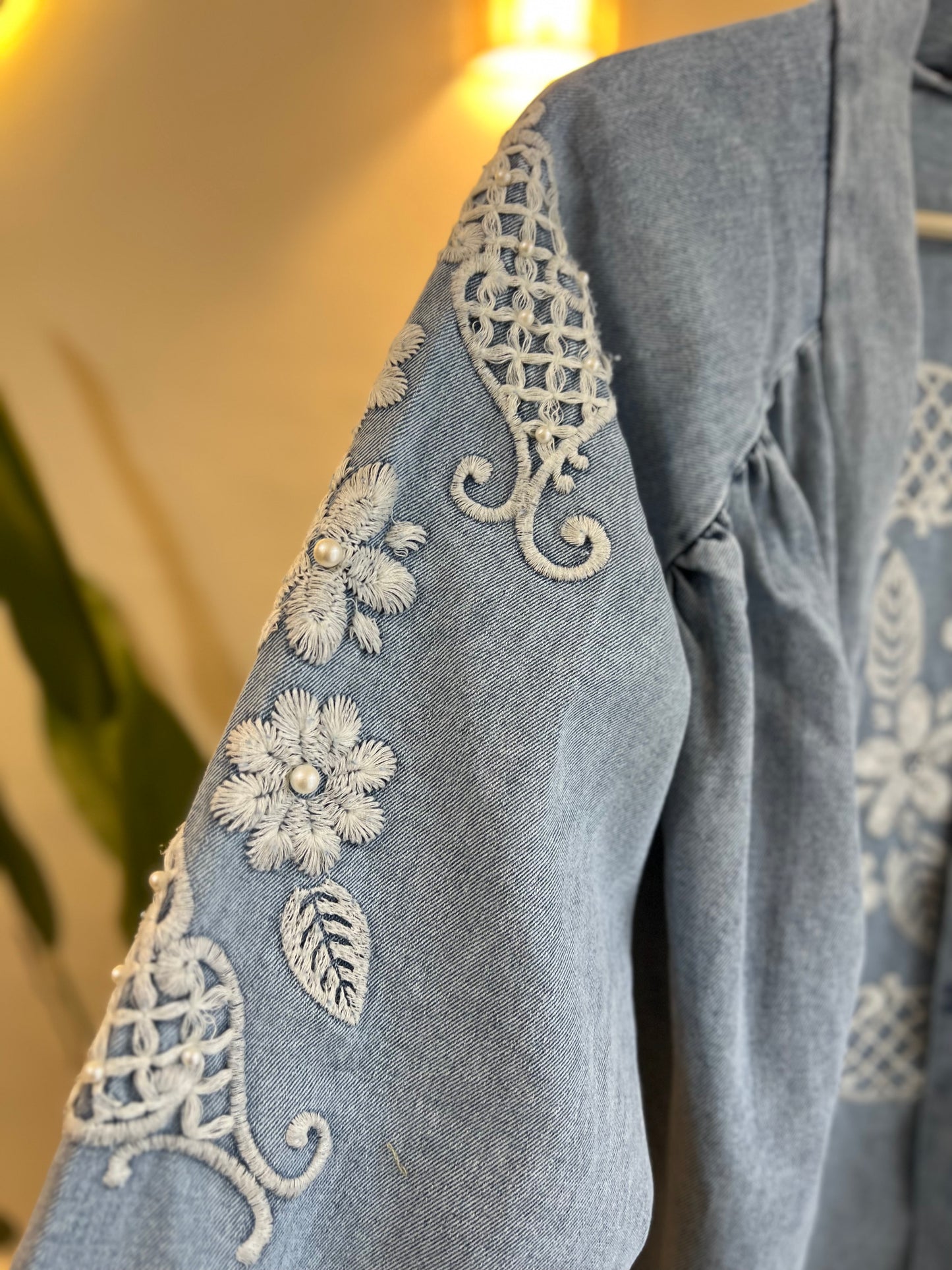 Light Blue Denim Embroidered Floral Kimono